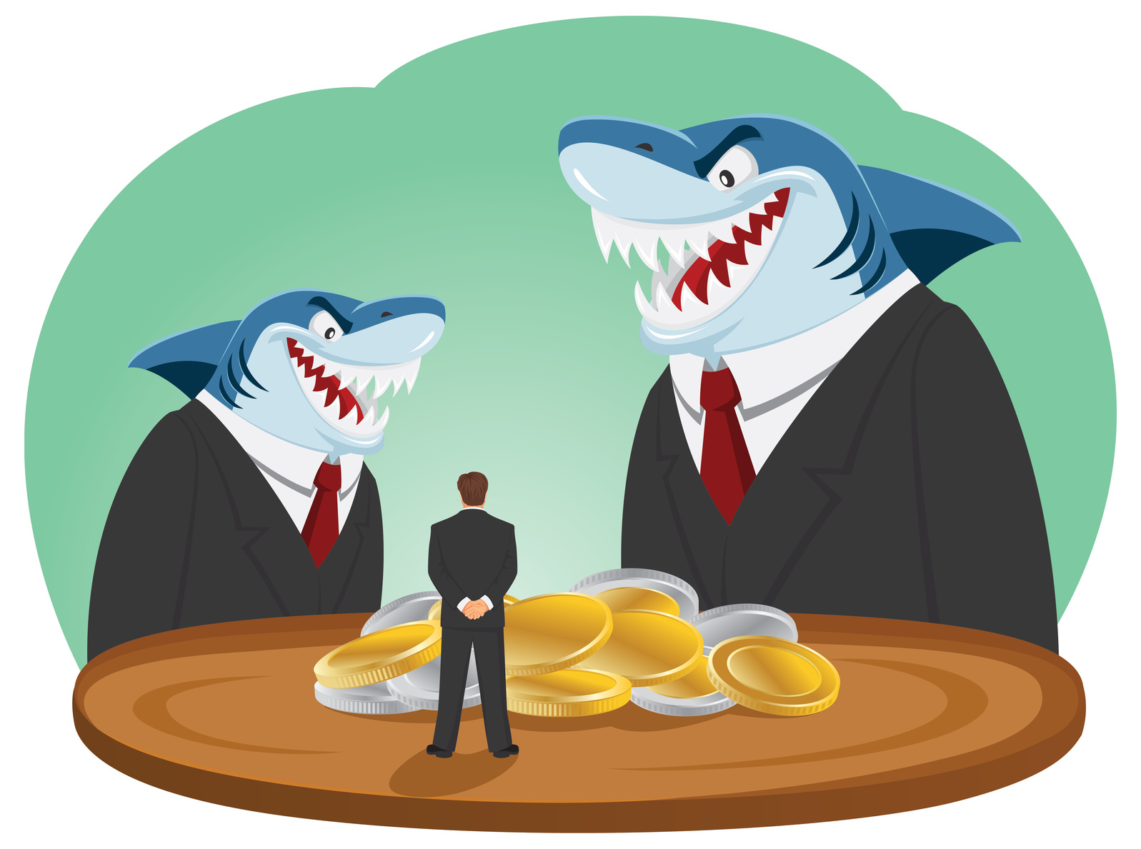 Business sharks aggressive behave against manager with money