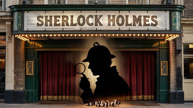 Sherlock-Holmes-Silhouette vor klassischem Filmkino; Detektei in Mannheim, Detektiv in Mannheim, Privatdetektiv in Mannheim, Privatdetektei in Mannheim