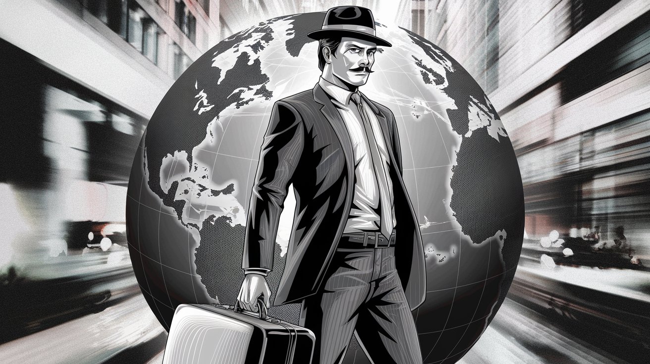 Klassisch gekleideter Detektiv mit Hut und Koffer vor Erdkugel; Detektiv für das Ausland, Auslandsdetektiv, Privatdetektiv für internationale Einsätze