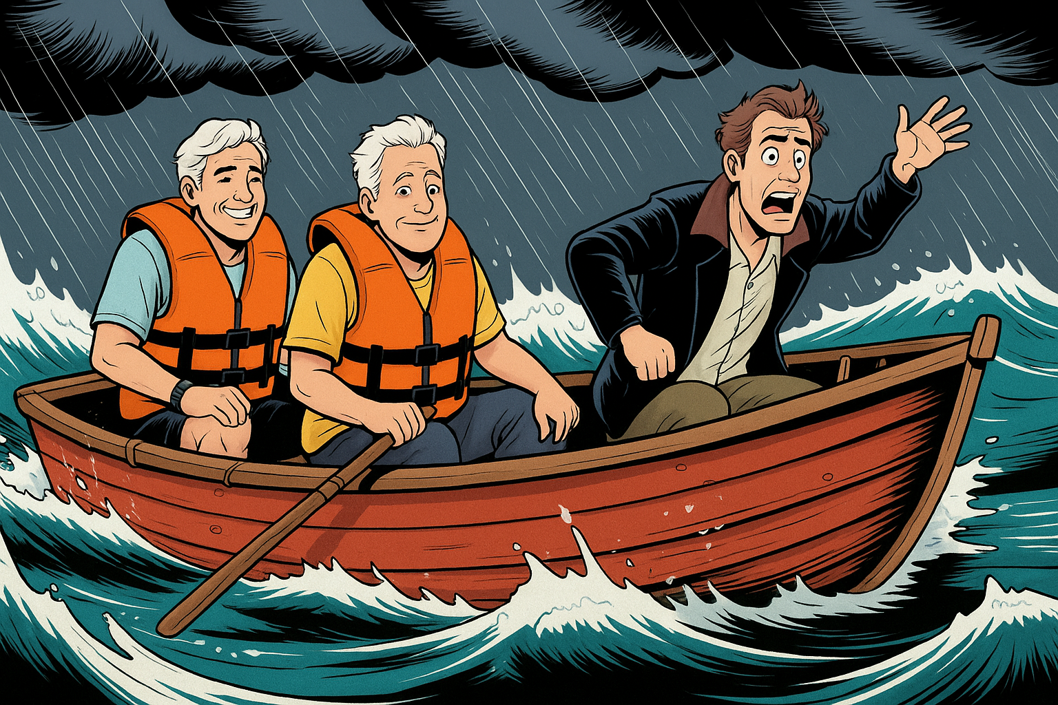 drei Männer in einem Boot bei Sturm auf dem Meer, einer hat keine Rettungsweste und ist panisch; Detektivagentur aus Bielefeld, Privatermittler aus Bielefeld, Detektivbüro aus Bielefeld, Wirtschaftsdetektiv aus Bielefeld